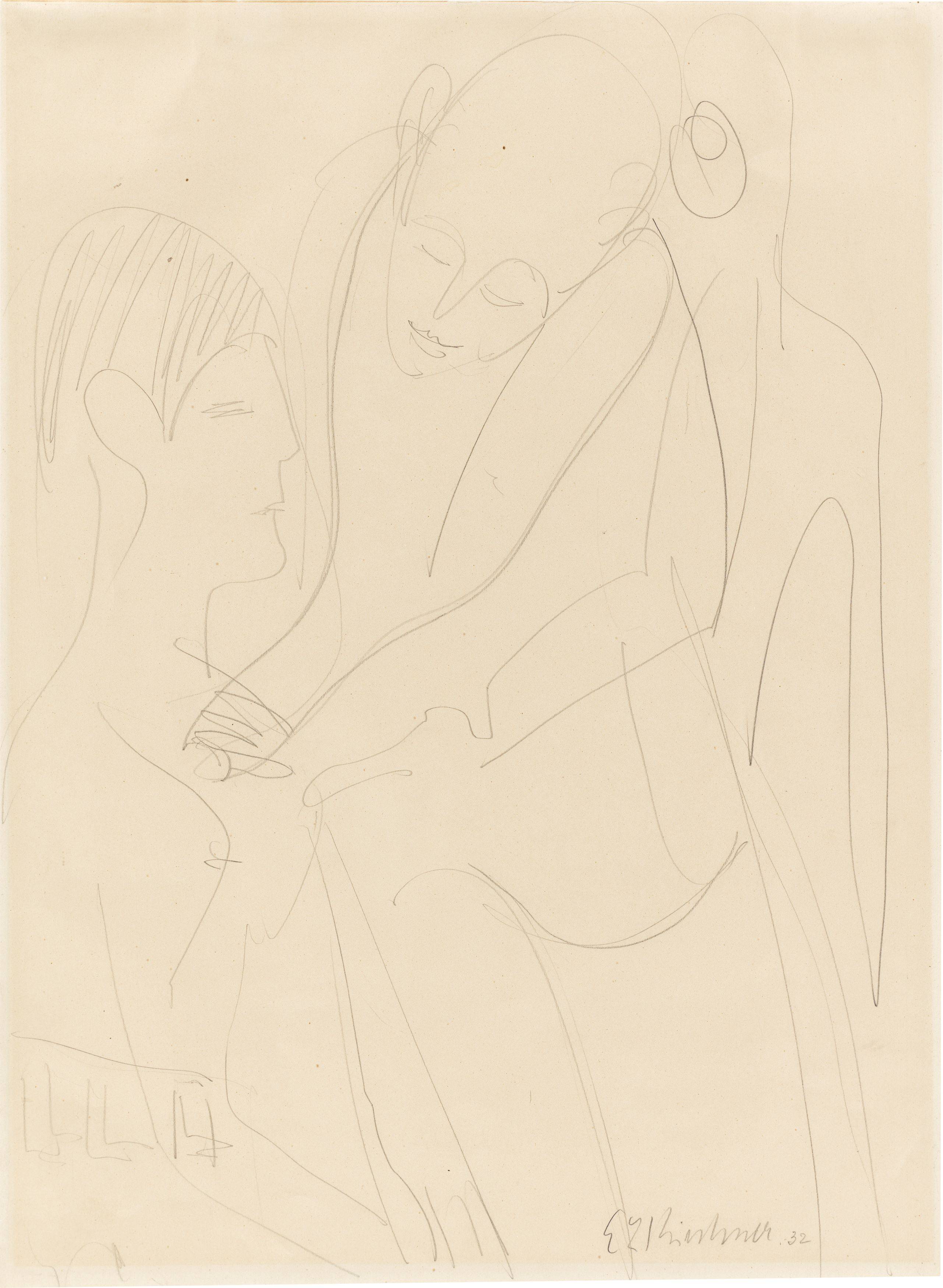 Auf diesem Bild ist das folgende Kunstwerk zu sehen: Ernst Ludwig Kirchner. Arzt untersucht Frau (Dr. Bauer und Erna Kirchner?). 1932.