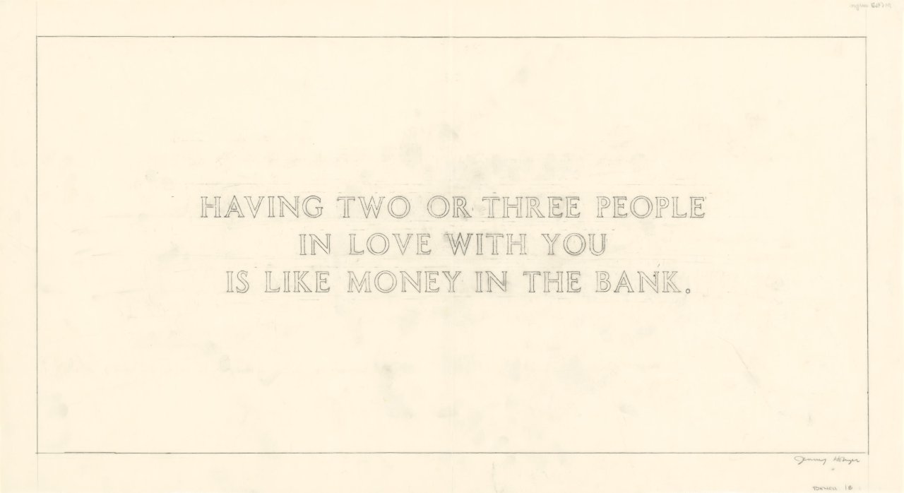 Auf diesem Bild ist das folgende Kunstwerk zu sehen: Jenny Holzer. „The Living Series: Having two or three people in love with you... (BENCH 18)“. 1980-82.