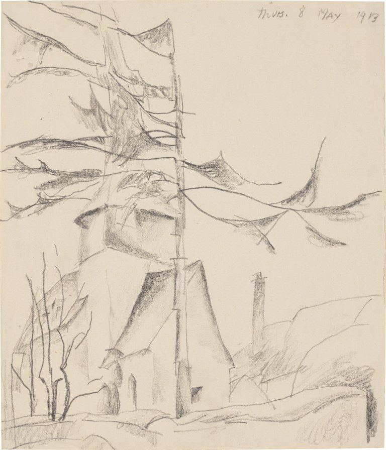 This picture shows the following artwork: Lyonel Feininger. Fir tree in front of the church in Gelmeroda. 1913.