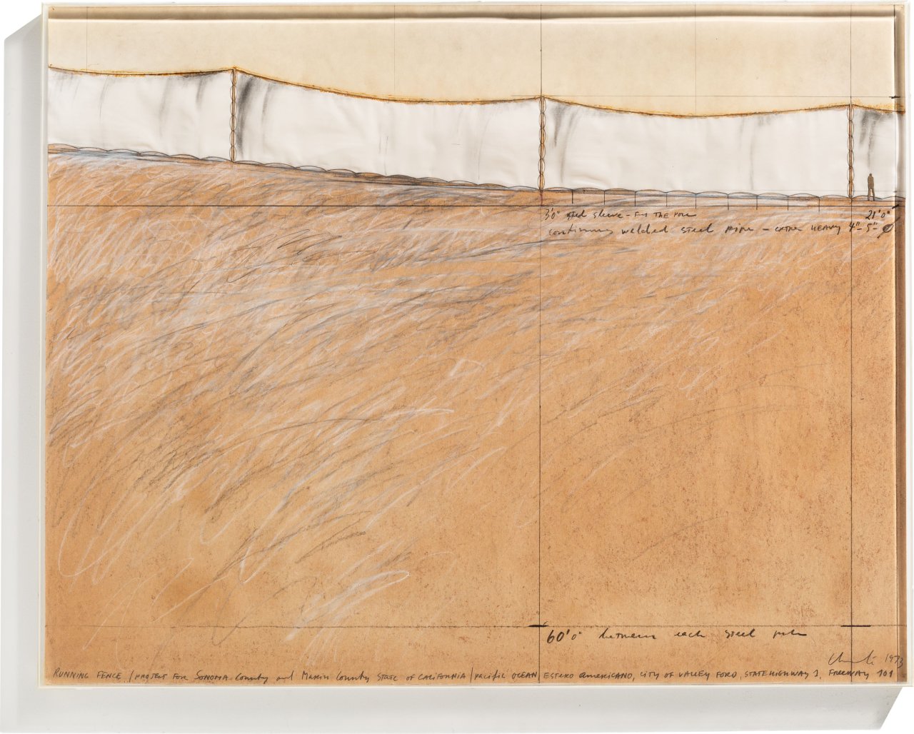 This picture shows the following artwork:  Christo. ”RUNNING FENCE/ Project For Sonoma County and Marin County STATE OF CALIFORNIA”. 1973.