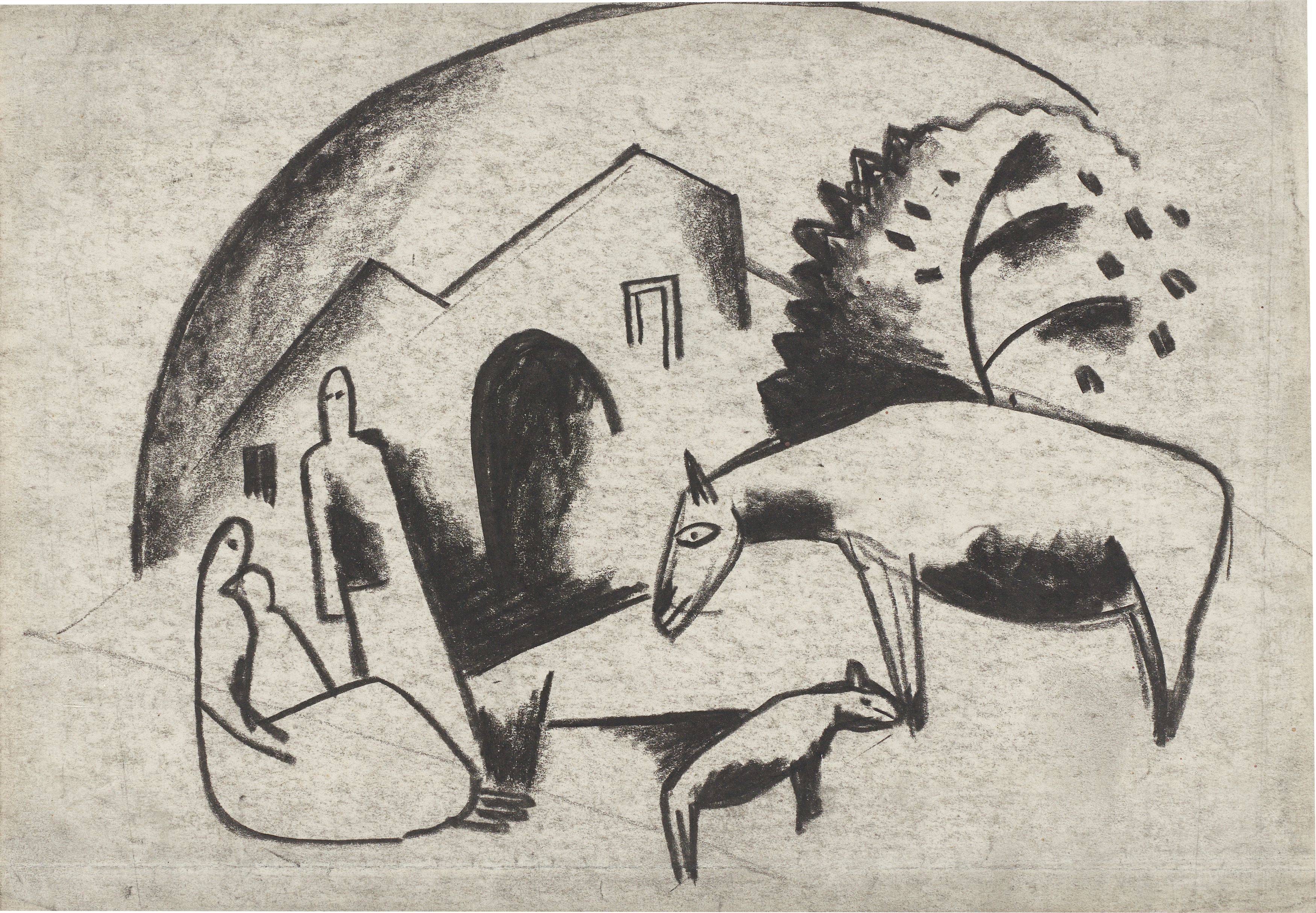 Auf diesem Bild ist das folgende Kunstwerk zu sehen: Béla Kádár. Familie mit Tieren. 1920er-Jahre.