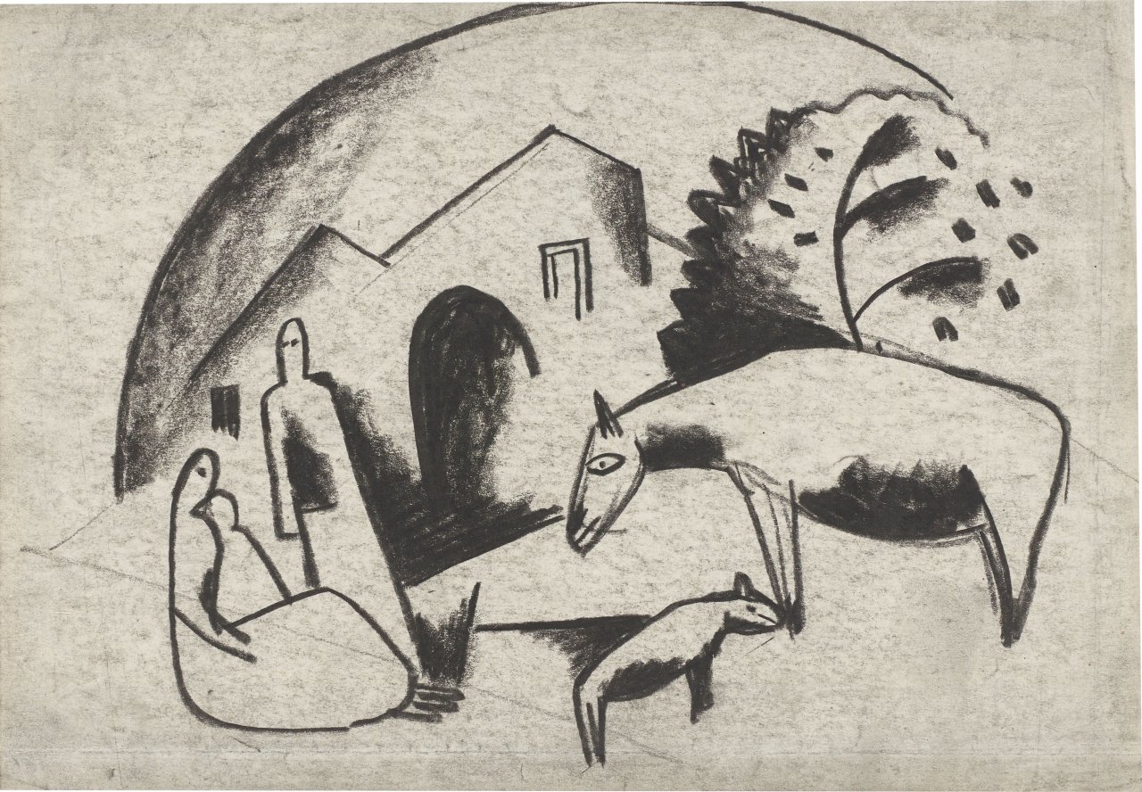 Auf diesem Bild ist das folgende Kunstwerk zu sehen: Béla Kádár. Familie mit Tieren. 1920er-Jahre.