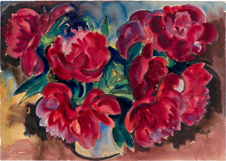 This picture shows the following artwork: Karl Schmidt-Rottluff. Red peonies. In the late 1920s.