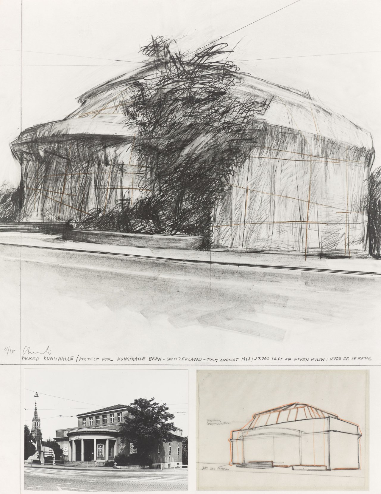 This picture shows the following artwork:  Christo and Jeanne-Claude. ”Packed Kunsthalle Bern, Project”. 1972.