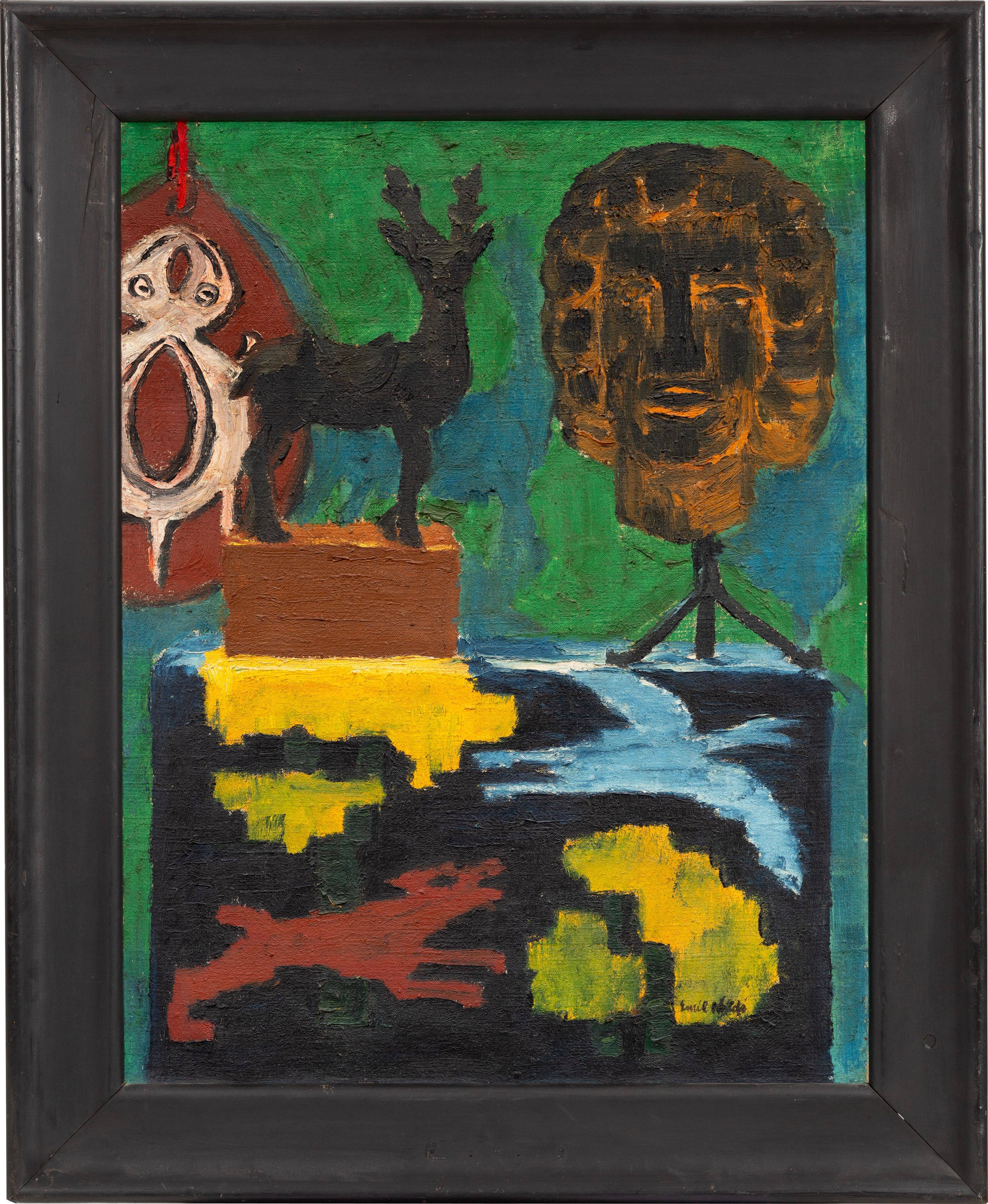 Auf diesem Bild ist das folgende Kunstwerk zu sehen: Emil Nolde. „Stilleben P (Grüner Hintergrund, Hirsch, Kopf)“. 1915.