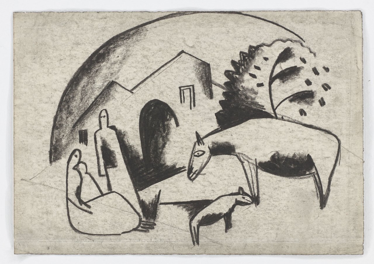 Auf diesem Bild ist das folgende Kunstwerk zu sehen: Béla Kádár. Familie mit Tieren. 1920er-Jahre.