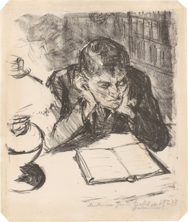 Auf diesem Bild ist das folgende Kunstwerk zu sehen: Max Beckmann. „Lesender Mann II (Selbstbildnis)“. 1912.